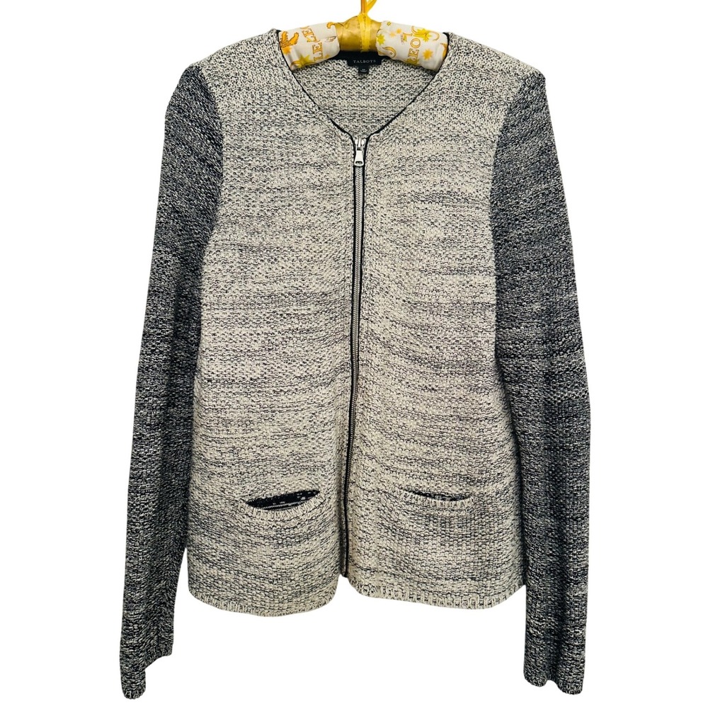 Talbots Womens‎ Full Zip Cardigan Sweater Ivory Black Faux Trim Sz M Career Prep